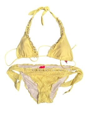 Victoria’s Secret Bright Yellow Rhinestone Crochet Tie Bikini Set Size M